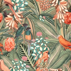 18" Step into a Summer Bird Paradise for a powder room : Safari Rainforest with Lush Tropical Jungle Blossoms and Sepia Orange Accents  for Exquisite Home Decor and Dark Green Wallpaper