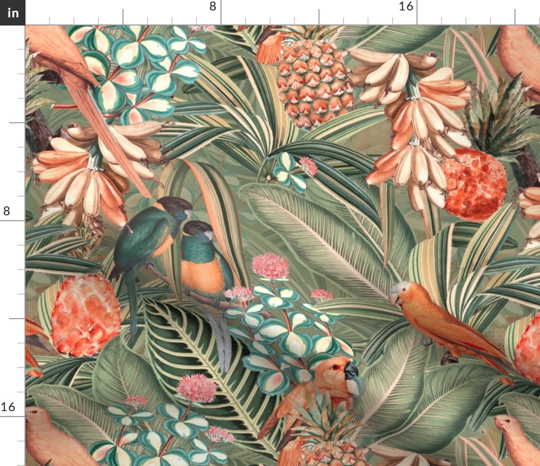 18" Step into a Summer Bird Paradise for a powder room : Safari Rainforest with Lush Tropical Jungle Blossoms and Sepia Orange Accents  for Exquisite Home Decor and Dark Green Wallpaper