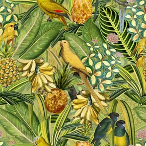 18" Pierre-Joseph Redouté tropicals Lush tropical vintage Jungle blossoms summer bird paradise in green