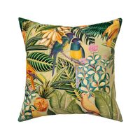 18" Pierre-Joseph Redouté tropicals Lush tropical vintage Jungle blossoms summer bird paradise in colorful yellow