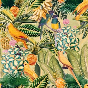 18" Pierre-Joseph Redouté tropicals Lush tropical vintage Jungle blossoms summer bird paradise in colorful yellow