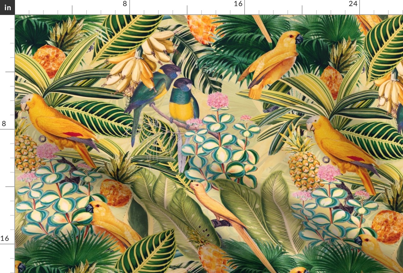 18" Pierre-Joseph Redouté tropicals Lush tropical vintage Jungle blossoms summer bird paradise in colorful yellow