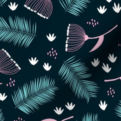 Australian wild flowers and leaves winter night print navy pink blue