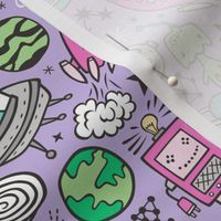 Space Galaxy Universe Doodle with Aliens, Rockets, Planets, Robots & Stars on Purple