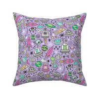 Space Galaxy Universe Doodle with Aliens, Rockets, Planets, Robots & Stars on Purple