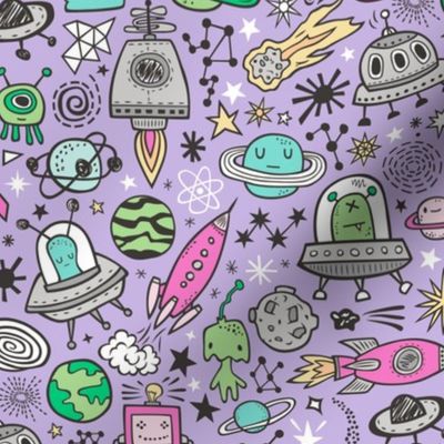 Space Galaxy Universe Doodle with Aliens, Rockets, Planets, Robots & Stars on Purple