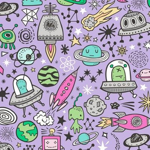 Space Galaxy Universe Doodle with Aliens, Rockets, Planets, Robots & Stars on Purple