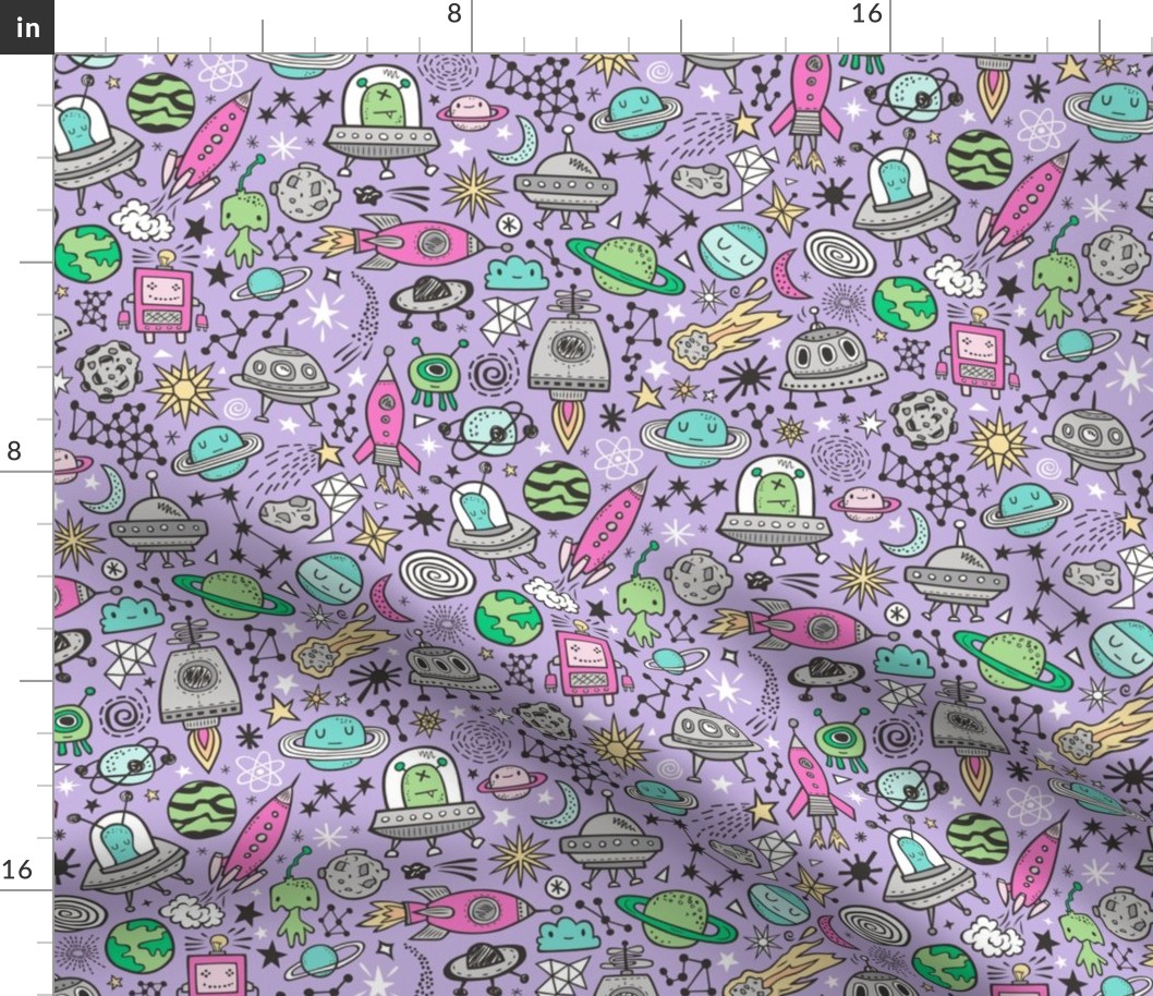 Space Galaxy Universe Doodle with Aliens, Rockets, Planets, Robots & Stars on Purple