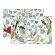 Floral Green Red Watercolor Australian Eucalyptus Leaves Kangaroo Paw Waratah 