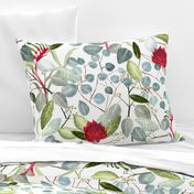 Floral Green Red Watercolor Australian Eucalyptus Leaves Kangaroo Paw Waratah 