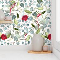 Floral Green Red Watercolor Australian Eucalyptus Leaves Kangaroo Paw Waratah 