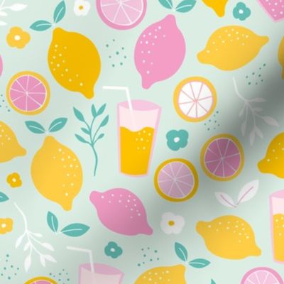 Hot summer oranges and lemon fruit colorful lemonade illustration kitchen food print in mint yellow pink