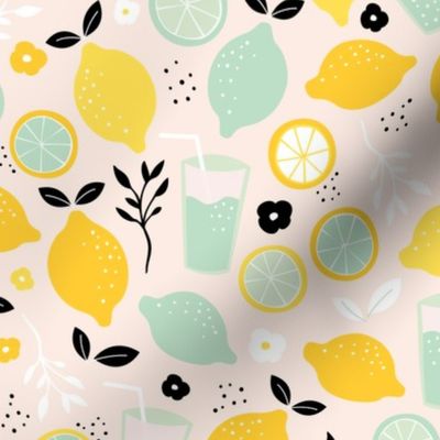 Hot summer oranges and lemon fruit colorful lemonade illustration kitchen food print in black yellow mint