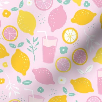 Hot summer oranges and lemon fruit colorful lemonade illustration kitchen food print in mint pink