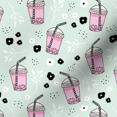 Bubble tea love and lemonade and japanese flower drinks summer sweet party mint pink