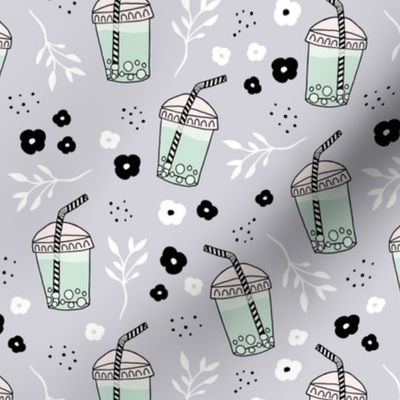 Bubble tea love and lemonade and japanese flower drinks summer sweet party gray blue mint
