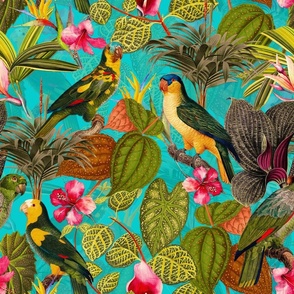 18" Pierre-Joseph Redouté tropicals Lush tropical vintage parrot Jungle blossoms summer paradise in fresh turquoise