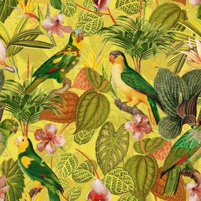 18" Pierre-Joseph Redouté tropicals Lush tropical vintage parrot Jungle blossoms summer paradise in sun yellow