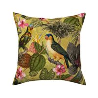 18" Pierre-Joseph Redouté tropicals Lush tropical vintage parrot Jungle blossoms summer paradise in sepia yellow