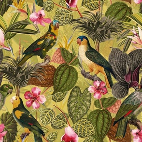 18" Pierre-Joseph Redouté tropicals Lush tropical vintage parrot Jungle blossoms summer paradise in sepia yellow