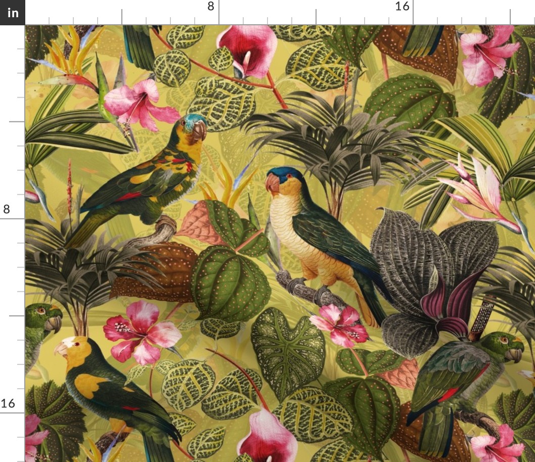 18" Pierre-Joseph Redouté tropicals Lush tropical vintage parrot Jungle blossoms summer paradise in sepia yellow