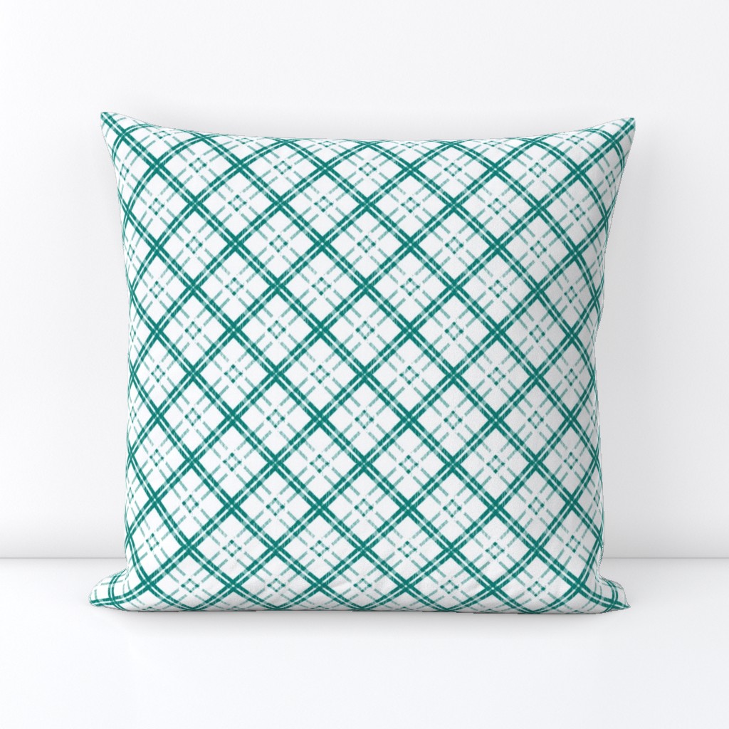 Grungy Diagonal Plaid - Teal Green on White 