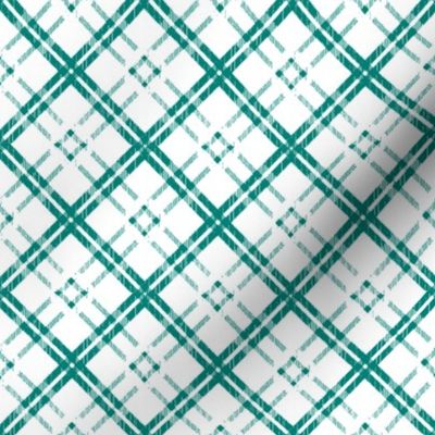 Grungy Diagonal Plaid - Teal Green on White 