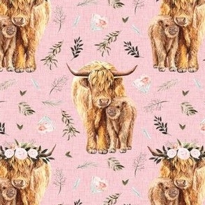2.5" pink highland cows with leaves and pink floral - small scale