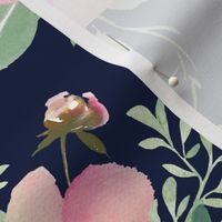 Spring Anemone and Roses Watercolor // Navy   