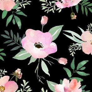 Spring Anemone and Roses Watercolor // Black   