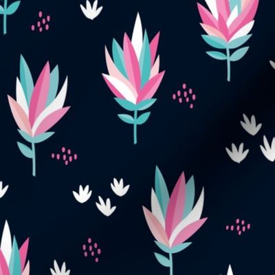 Tropical summer beach lovers flower surf garden botanical protea abstract sugarbushes night navy pink aqua