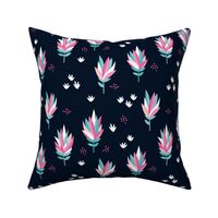 Tropical summer beach lovers flower surf garden botanical protea abstract sugarbushes night navy pink aqua