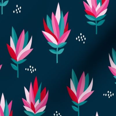 Tropical Australian summer beach lovers flower surf garden botanical protea abstract sugarbushes night navy blue pink