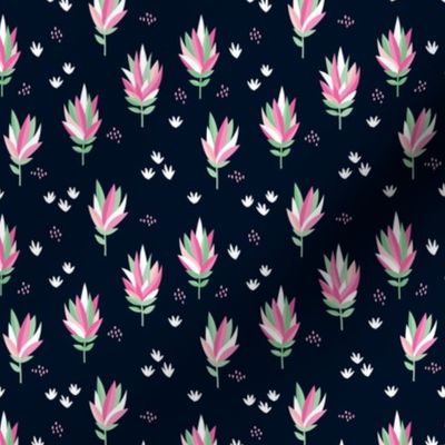 Tropical summer beach lovers flower surf garden botanical protea abstract sugarbushes night navy mint green pink SMALL