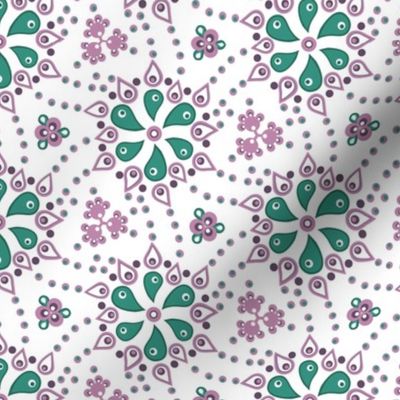 Quilters paisley - lilac and green on white