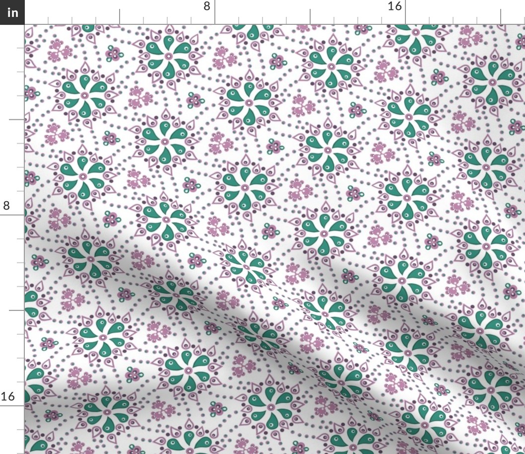 Quilters paisley - lilac and green on white