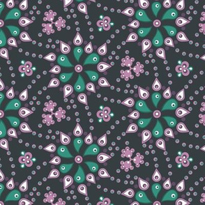 Quilters paisley - lilac, green on black