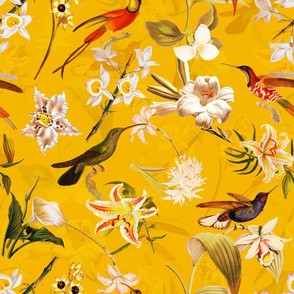 18"  Pierre-Joseph Redouté Lush colorful hummingbirds tropicals exotic vintage Jungle summer paradise in sunny yellow