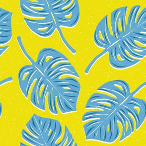 Turquoise Monstera Leaves on Yellow