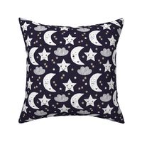 Cute stars good night clouds sweet dreams moon phase kawaii sparkle navy beige gender neutral