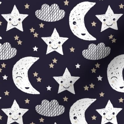 Cute stars good night clouds sweet dreams moon phase kawaii sparkle navy beige gender neutral