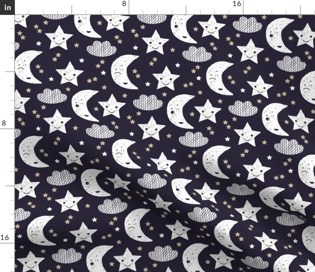 Cute stars good night clouds sweet dreams moon phase kawaii sparkle navy beige gender neutral