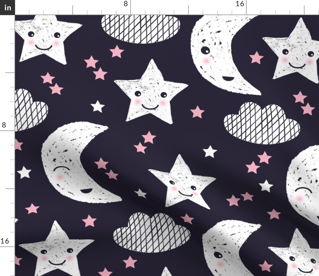 Cute stars good night clouds sweet dreams moon phase kawaii sparkle navy pink girls JUMBO