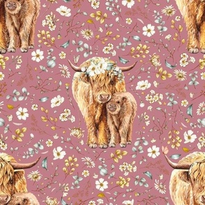 5" rustic botanicals highland cow on dusty sangria