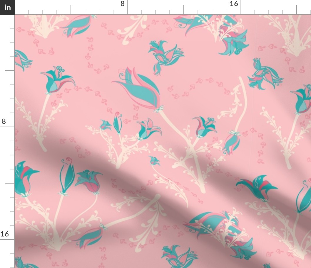Flowers in teal on pink