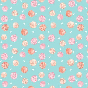 TINY - seashells fabric // girls mermaid sea shell design - peach on blue