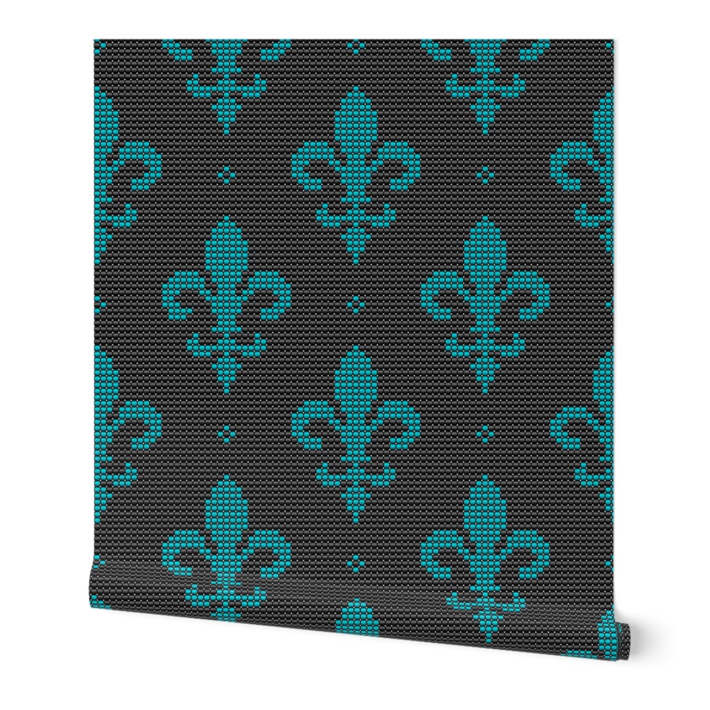 Fleur de Lis teal black beads vintage