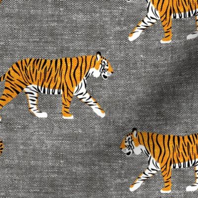 (large scale) walking tigers on grey (woven) C19BS