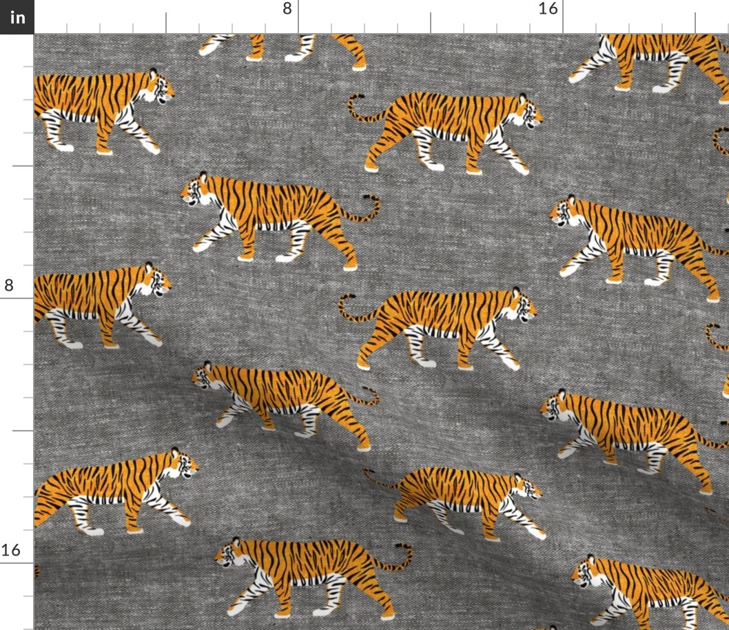 (large scale) walking tigers on grey (woven) C19BS