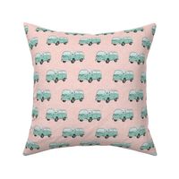 Retro Camper Bus - vintage car - aqua on pink - LAD19